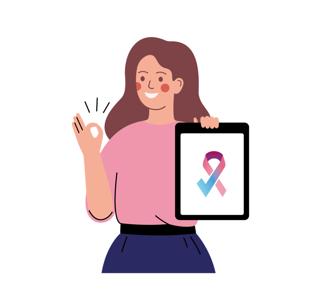 une femme heureuse de montrer sa tablette sur laquelle est projetée la solution depist&vous